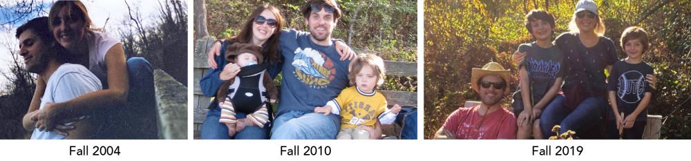 Image of a family at the same bench in 2004, 2010, and 2019.